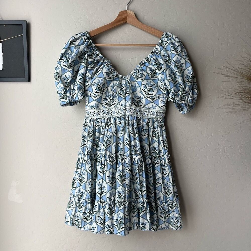 Agua by Agua Bendita Dress Manzanilla Floral Puff Sleeve Mini Dress Blue Size XS